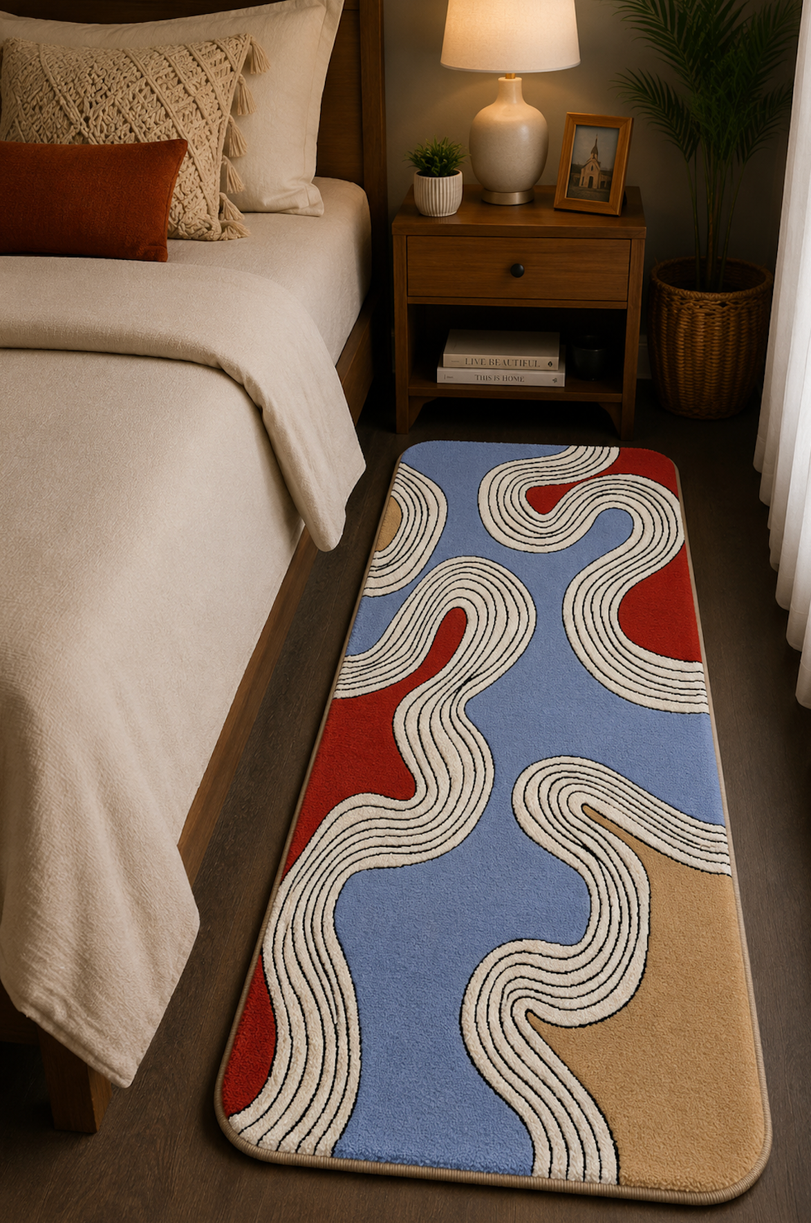 Bedside Runner - White and Blue Wavy